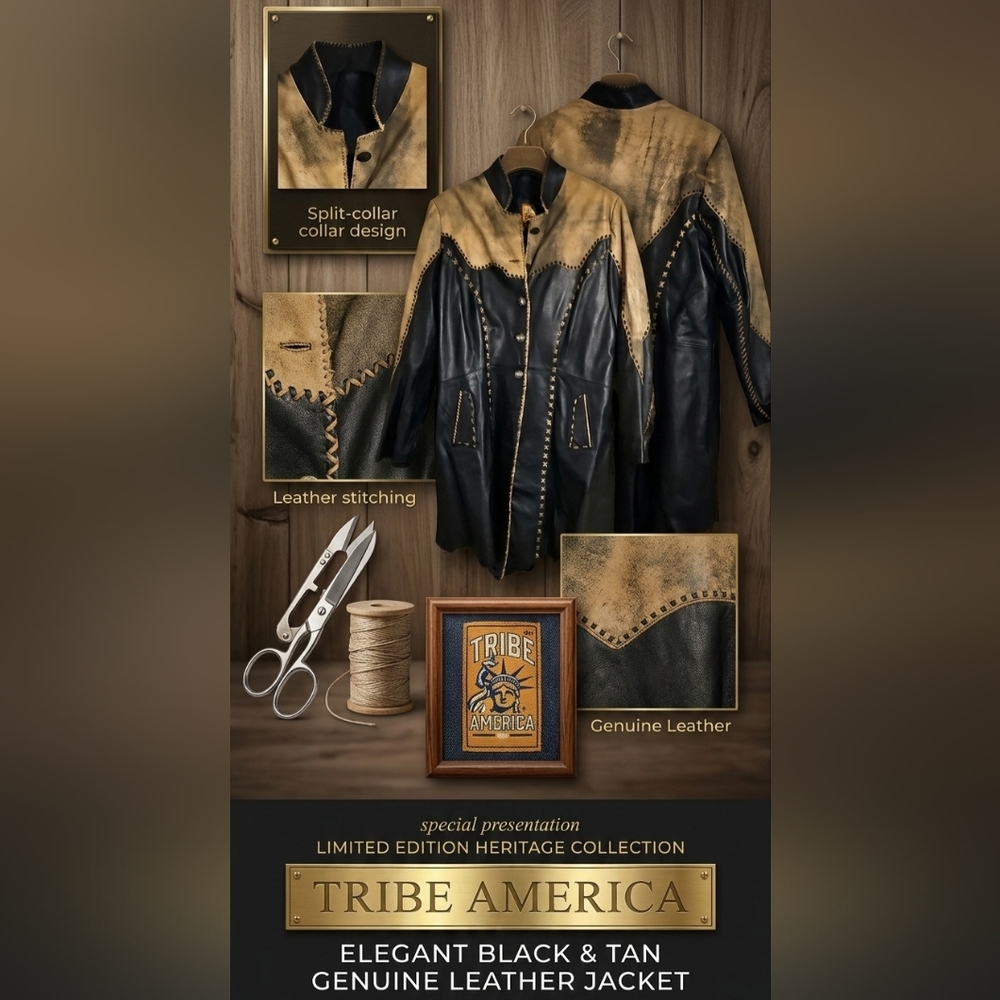 Elegant Black and Tan Genuine Leather Western Style Trench Jacket - Picture 3 of 11